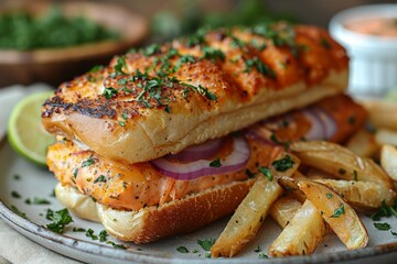 Fischbr&ouml;tchen - Fish sandwich with pickles, onions, and remoulade sauce.