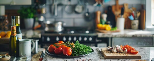 home kitchen scene with an array of fresh ingredients and cookware on the countertop