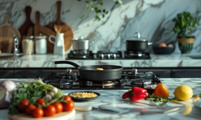 home kitchen scene with an array of fresh ingredients and cookware on the countertop
