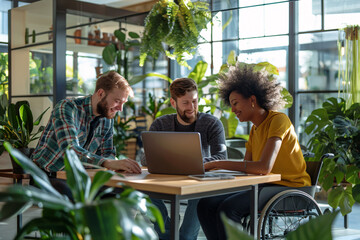Cheerful business woman with disability and her male colleagues cooperating while working on laptop in modern office