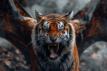 A tiger with wings is shown in a dark setting. The tiger is angry and ready to attack