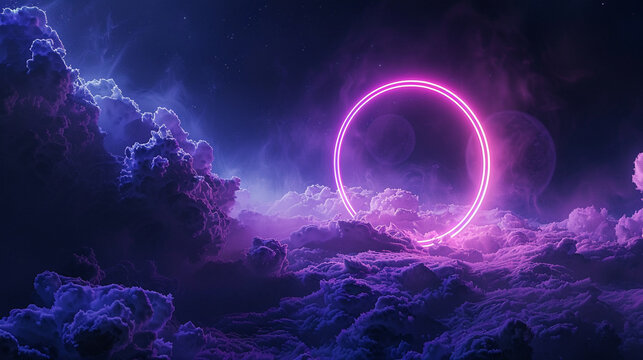 Swirling clouds lit by a bright periwinkle neon ring in a dark sky 3D panoramic frame,