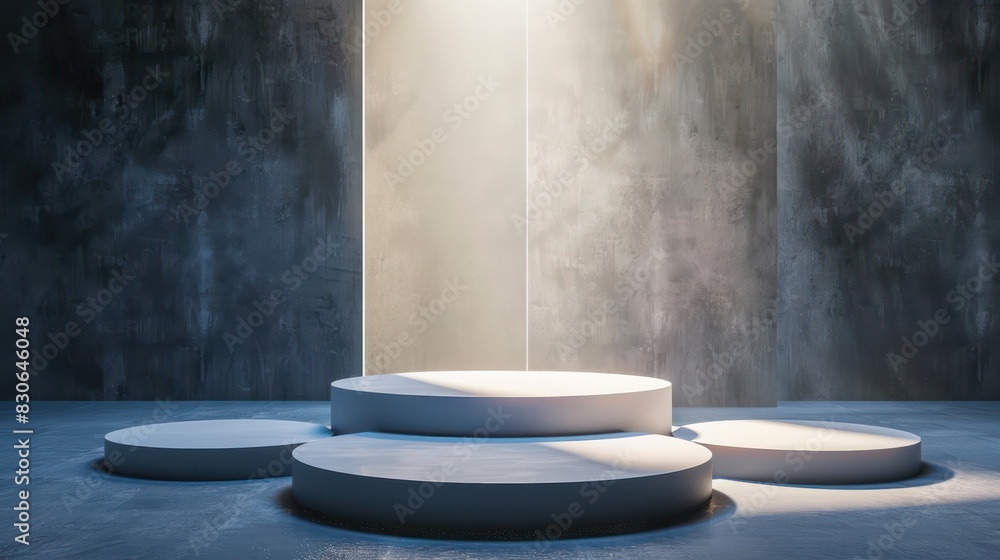 Poster design a podium with rotating platforms to showcase multiple products or perspectives.