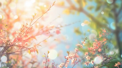 Fototapeta premium Spring background with blurred blooming flowers, tall trees, and a sunny blue sky