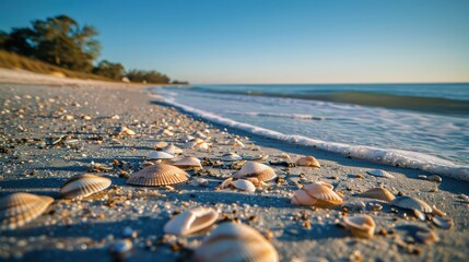 Highlight the tranquility of coastal getaways with an image showcasing an empty sand beach dotted with shells, framed by the tranquil waters of a summer sea.