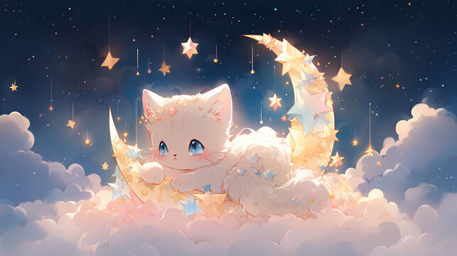 illuatration of moon and cat