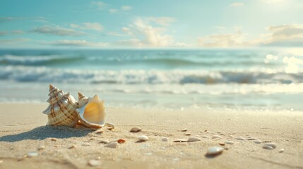 Capture the tranquility of beachside serenity with a  photo featuring an empty sand beach adorned with shells, set against the backdrop of a summer sea, providing ample copy space for various uses. 