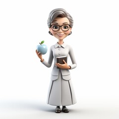 Cartoon woman teacher with apple and books isolated on white background