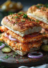 Fischbrötchen - Fish sandwich with pickles, onions, and remoulade sauce.