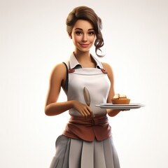 Cartoon waitress holding a tray with food isolated on white background