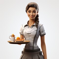 Cartoon waitress holding a tray with food isolated on white background