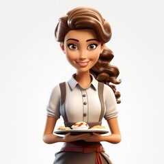 Cartoon waitress holding a tray with food isolated on white background