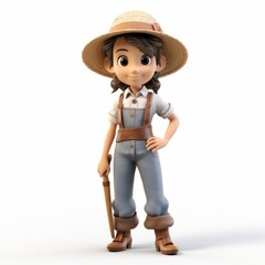 Cartoon woman farmer with straw hat isolated on white background