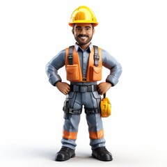 Cartoon construction worker in safety gear isolated on white background