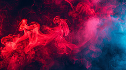 Neon red and cyan create a dramatic, vibrant smoke-filled stage setting,