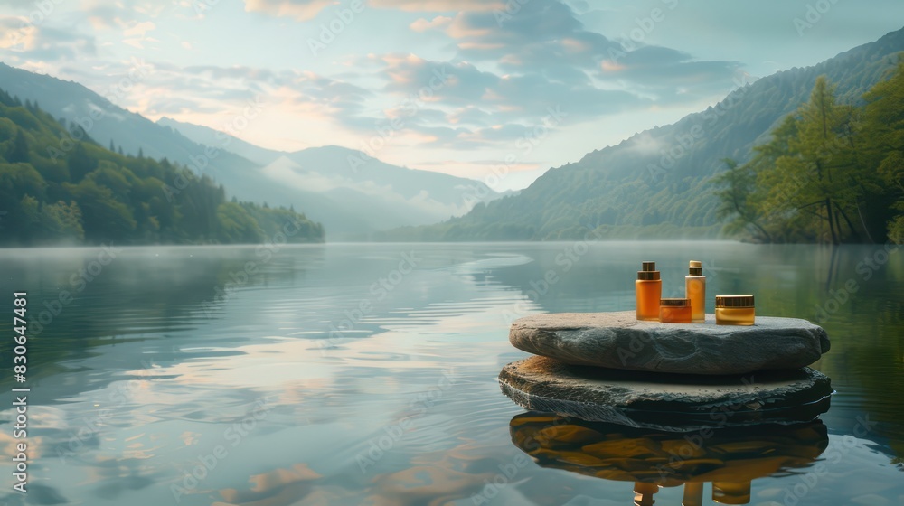 Poster highlight the harmony between nature and beauty products with an image showcasing a stone pedestal d