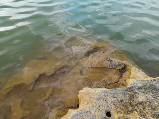 mountain rocks on the edge of fresh lake water