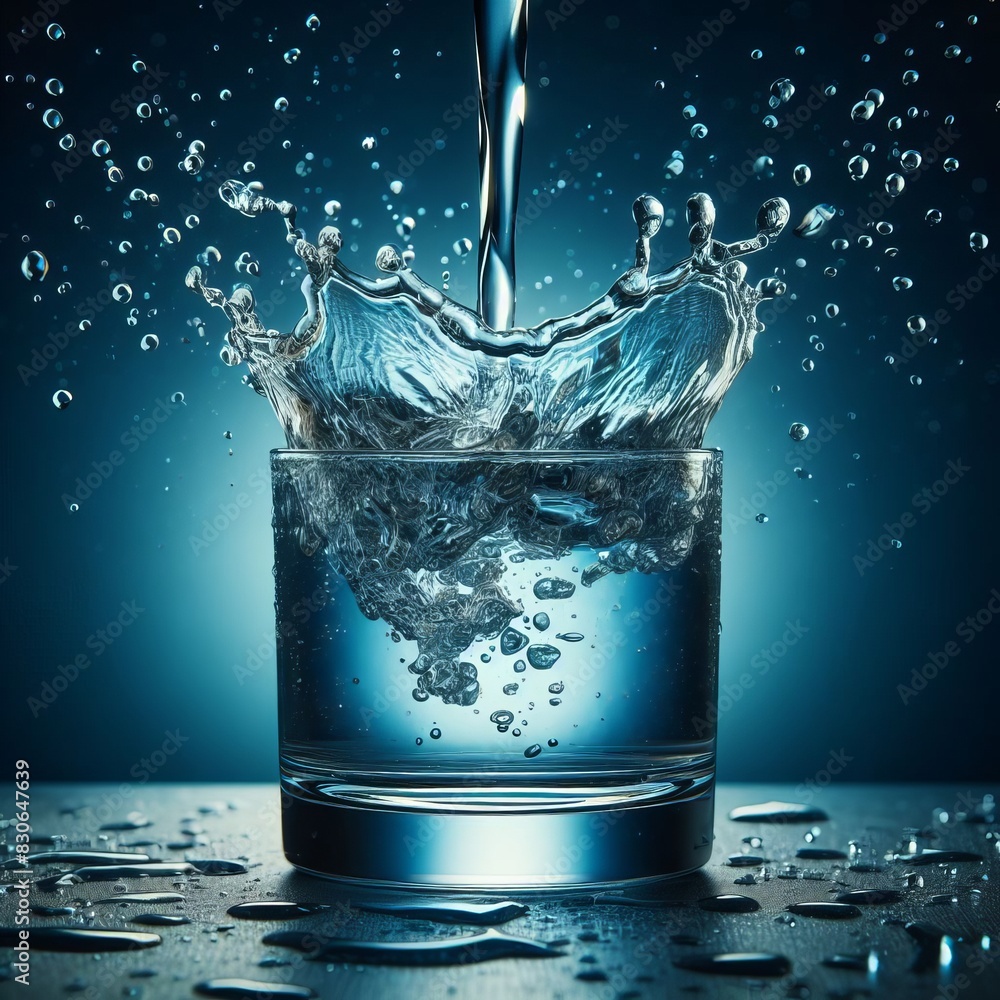 Poster high-speed photography captures water splashing dramatically in a clear glass against a deep blue ba