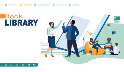 Vector illustration. Library, learning, science. European and African American students study and work in library, ethnic, African, people. Business presentation of the book. Green, yellow design