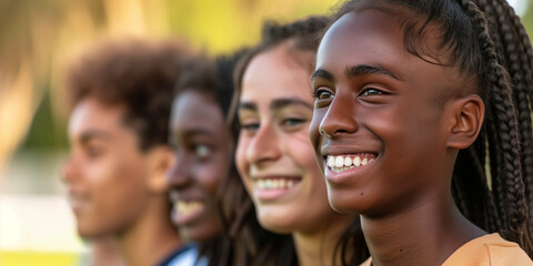 Fototapeta premium imagine Diverse group of young people celebrating estival day, guys and girls hugging together outdoors - Multiracial trendy friends standing on a rainbow 