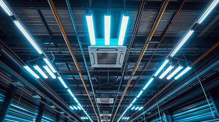 Ceiling-mounted cassette-type air conditioning units, accompanied by additional components of the ventilation system such as tubes, cables, and vents, situated within a commercial hall with suspended 