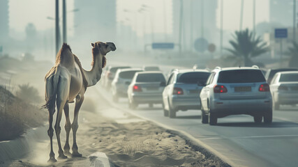 Camel walking beside a busy highway with cars in a dusty, urban setting.