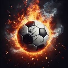 Fototapeta premium A soccer ball engulfed in vibrant flames and smoke, symbolizing intense energy and passion, ideal for sports and energy themes.. AI Generation