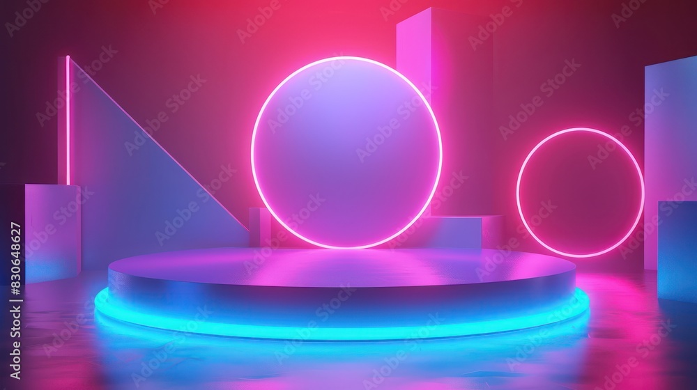Poster showcase the versatility of your products with an image featuring a neon podium accented by dynamic 