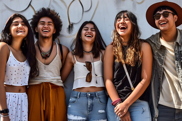 imagine Diverse group of young people celebrating estival day,  guys and girls hugging together outdoors - Multiracial trendy friends standing on a rainbow 