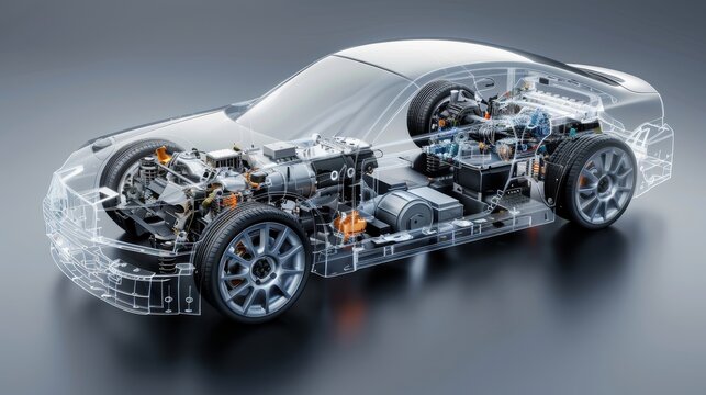 Realistic 3D model of a transparent car body design, showcasing the mechanical and electronic systems inside (close up, cutting-edge design, vibrant, Fusion, automotive design studio backdrop)
