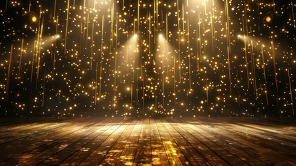 Obraz premium Capture the enchantment of a special occasion with an elegant golden stage illuminated diagonally, its radiant lighting effects and sparkles infusing the scene with a sense of wonder.