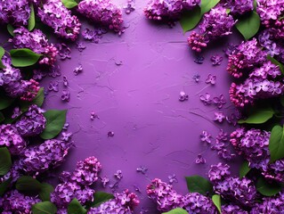 Beautiful purple lilacs with green leaves arranged on a textured purple background. Fresh and vibrant floral composition, perfect for spring and nature-themed designs.