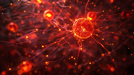 Sci-fi abstract image depicting glowing red neurons and synapses, creating a network of light connections