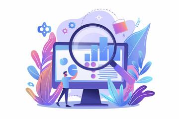 Illustration of a person analyzing data graphs on a computer screen with a magnifying glass, surrounded by abstract elements.