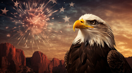 Soaring Spirit: Eagle Takes Flight Above Fireworks & Flag