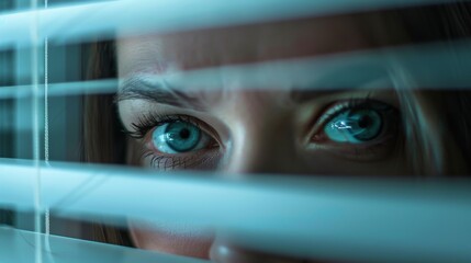 Woman peering through venetian blinds, suspense building.	