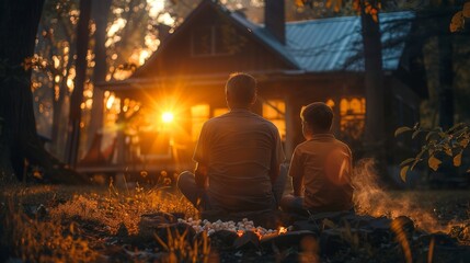 Fototapeta premium Family Bonding: Father and Kids Enjoying Backyard Camping, Roasting Marshmallows, and Storytelling by Fire Pit