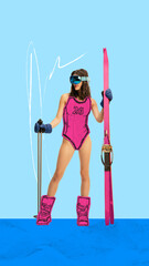Poster. Contemporary art collage. Drawing artwork. Skier in pink sketched bodysuit and boots,...