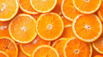Vibrant citrus: fresh orange slices arranged as a background texture, ideal for summer themes, healthy eating concepts, and refreshing beverage advertisements
