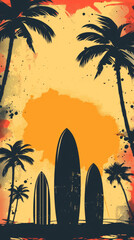 Vibrant Tropical Sunset with Silhouetted Palm Trees and Surfboards