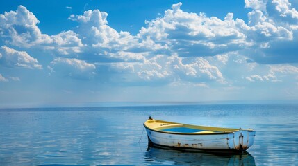 Naklejka premium Scenic seascape with boat, blue sky and clouds. Relaxing boat trip on a calm sea with clear skies. 