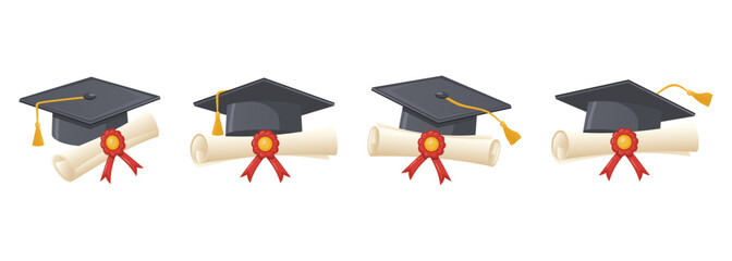 Collection of academic graduation caps and diploma scrolls in different positions on a white background. Traditional graduation ceremony symbols: diploma with ribbon and academic hat.