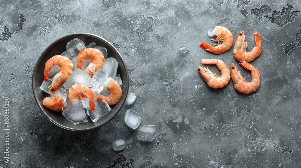Poster Shrimp in a bowl next to ice on a gray background seen from above with space for text