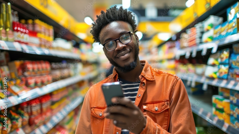 Aufkleber a vibrant image of a man using his smartphone to organize his shopping list while browsing the aisle