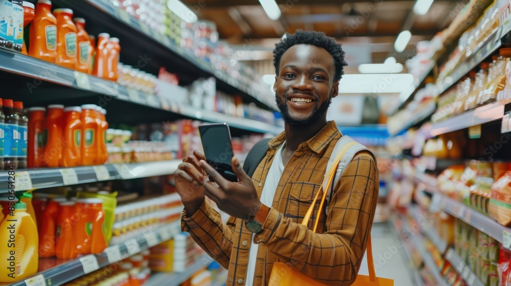 Aufkleber a positive image of a man happily using his smartphone to scan products while shopping in the superm