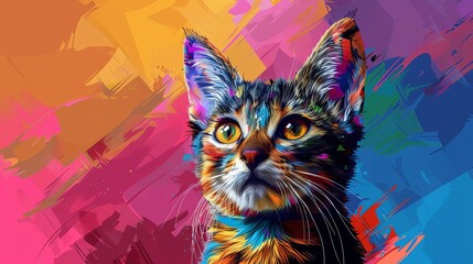 American Shorthair Cat in vibrant pop art style, colorful geometric background close up, whimsical, blend mode, cityscape backdrop