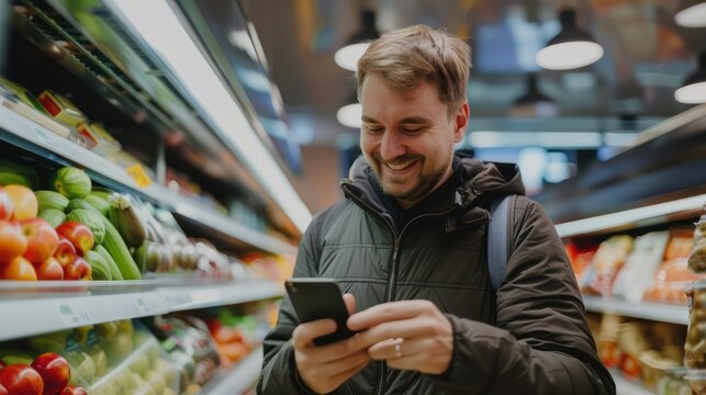 A positive photo of a man happily using his smartphone for grocery shopping in the supermarket, looking at the camera with a satisfied expression. 