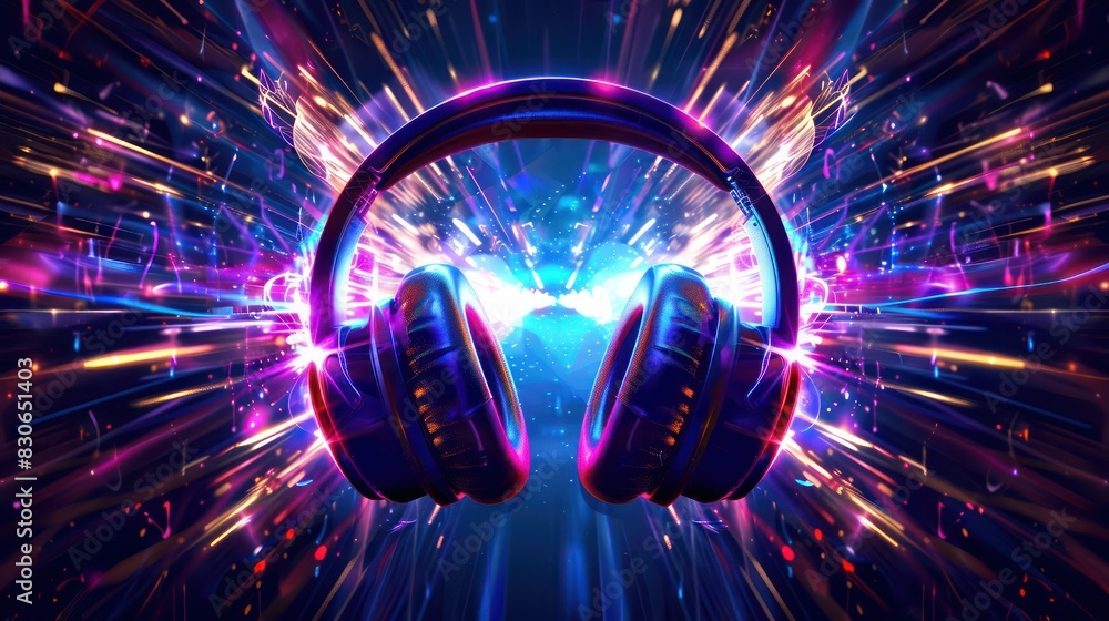 Poster an innovative graphic design featuring headphones with synchronized led lights, creating a mesmerizi
