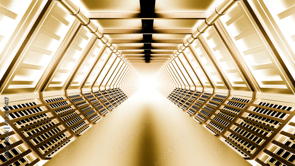 Poster spaceship or science lab animation. design. sci-fi alien corridor with metallic glow.