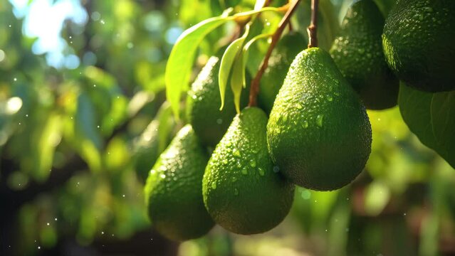 Video recreation of wet avocados hanging in a tree	

